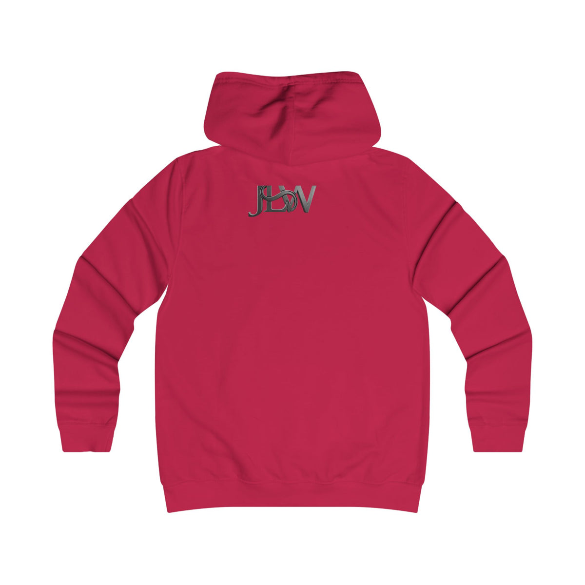 Girlie College Hoodie by Printify featuring a casual fit with a front pocket and hood, displayed on a hanger.