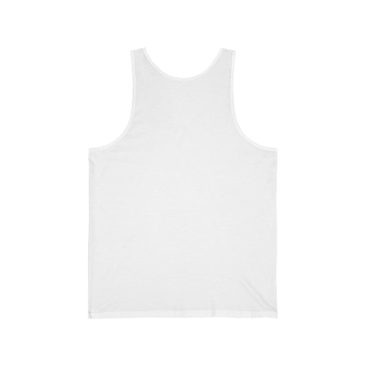 Unisex Printify jersey tank top displayed on a hanger, showcasing its simple, comfortable design and soft fabric.