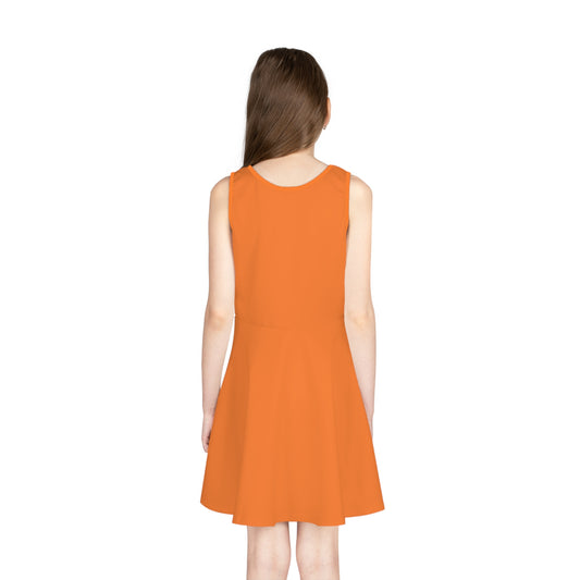 Girls' sleeveless sundress with colorful all-over print by Printify, featuring vibrant floral and geometric patterns.