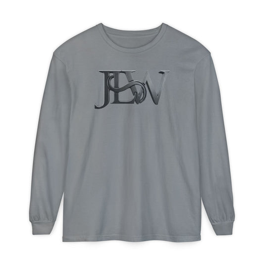 Unisex garment-dyed long sleeve T-shirt by Printify, shown in a relaxed fit with soft fabric and long sleeves.
