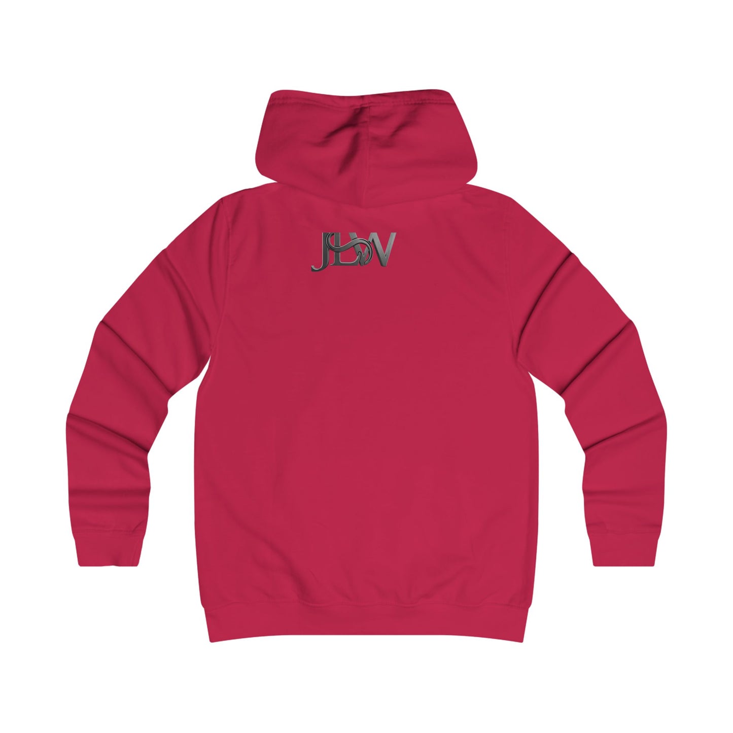 Girlie College Hoodie by Printify featuring a casual fit with a front pocket and hood, displayed on a hanger.