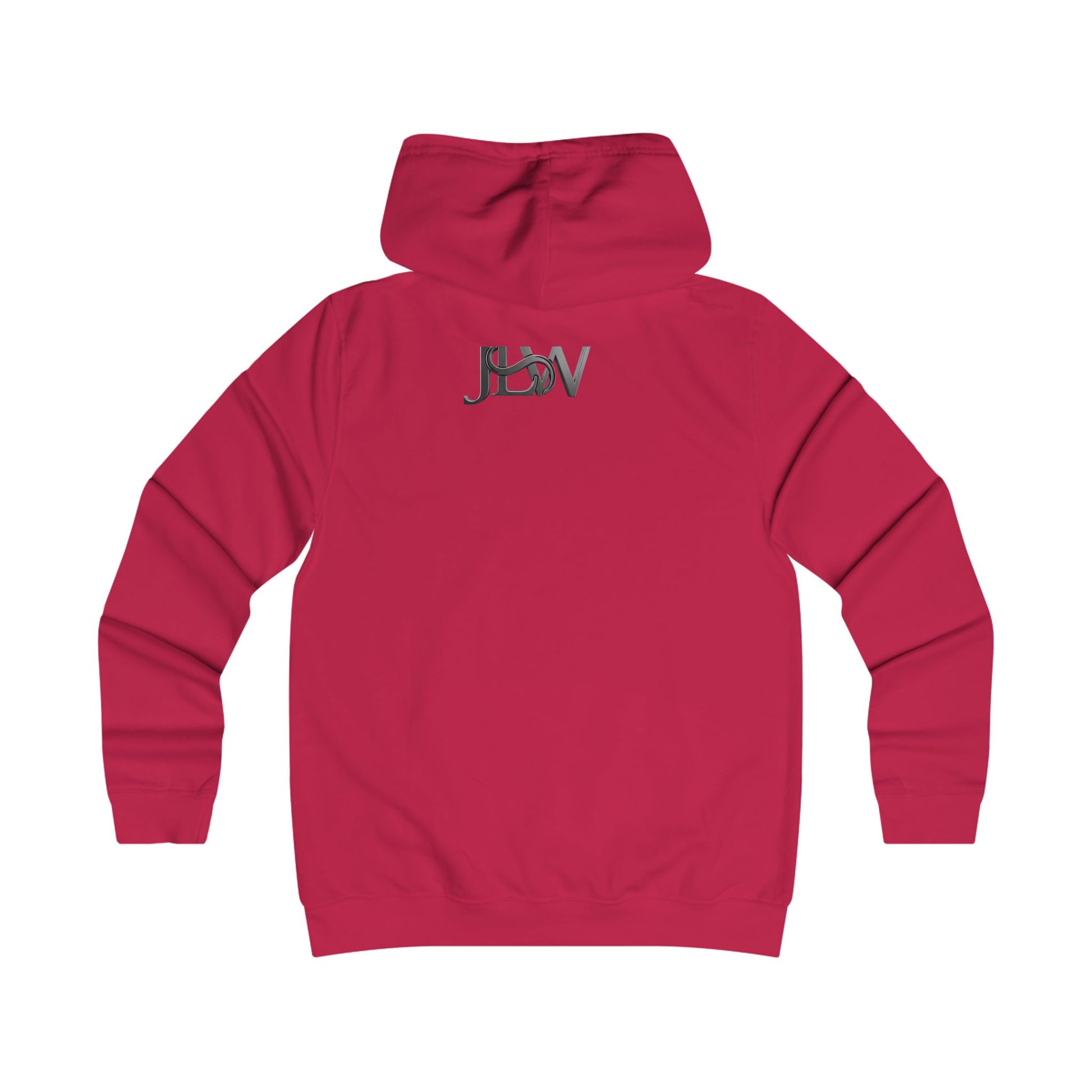 Girlie College Hoodie by Printify featuring a casual fit with a front pocket and hood, displayed on a hanger.