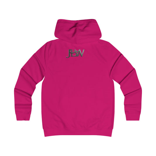 Printify Girlie College Hoodie displayed on a model, featuring a casual fit and college-inspired design in soft fabric.