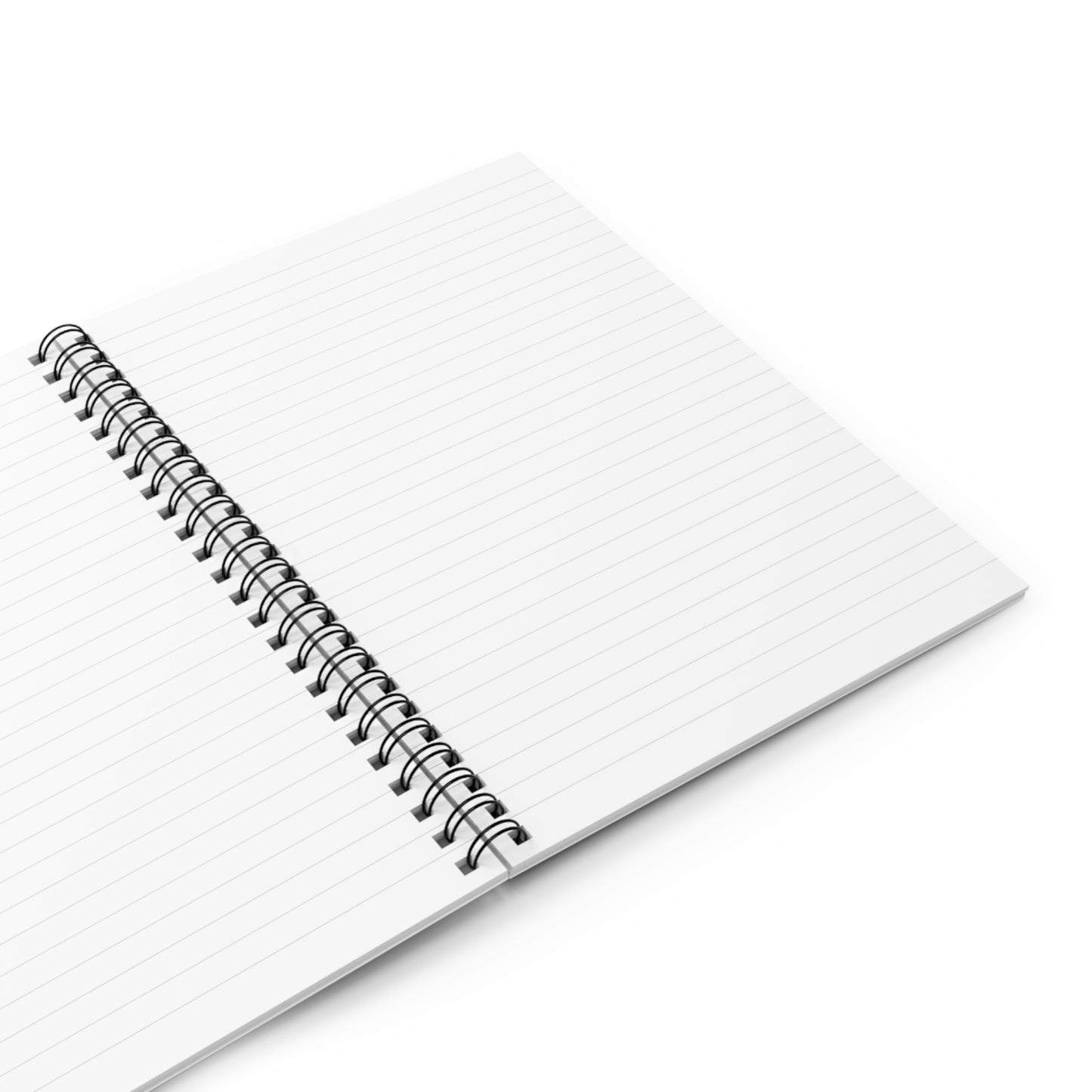 Spiral ruled notebook by Printify with lined paper pages, open to show black spiral binding and white ruled pages.