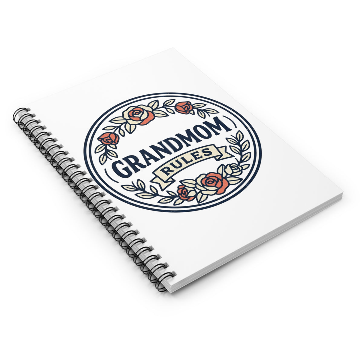 Printify spiral ruled line notebook with black cover and silver spiral binding, open to show lined pages for note-taking.