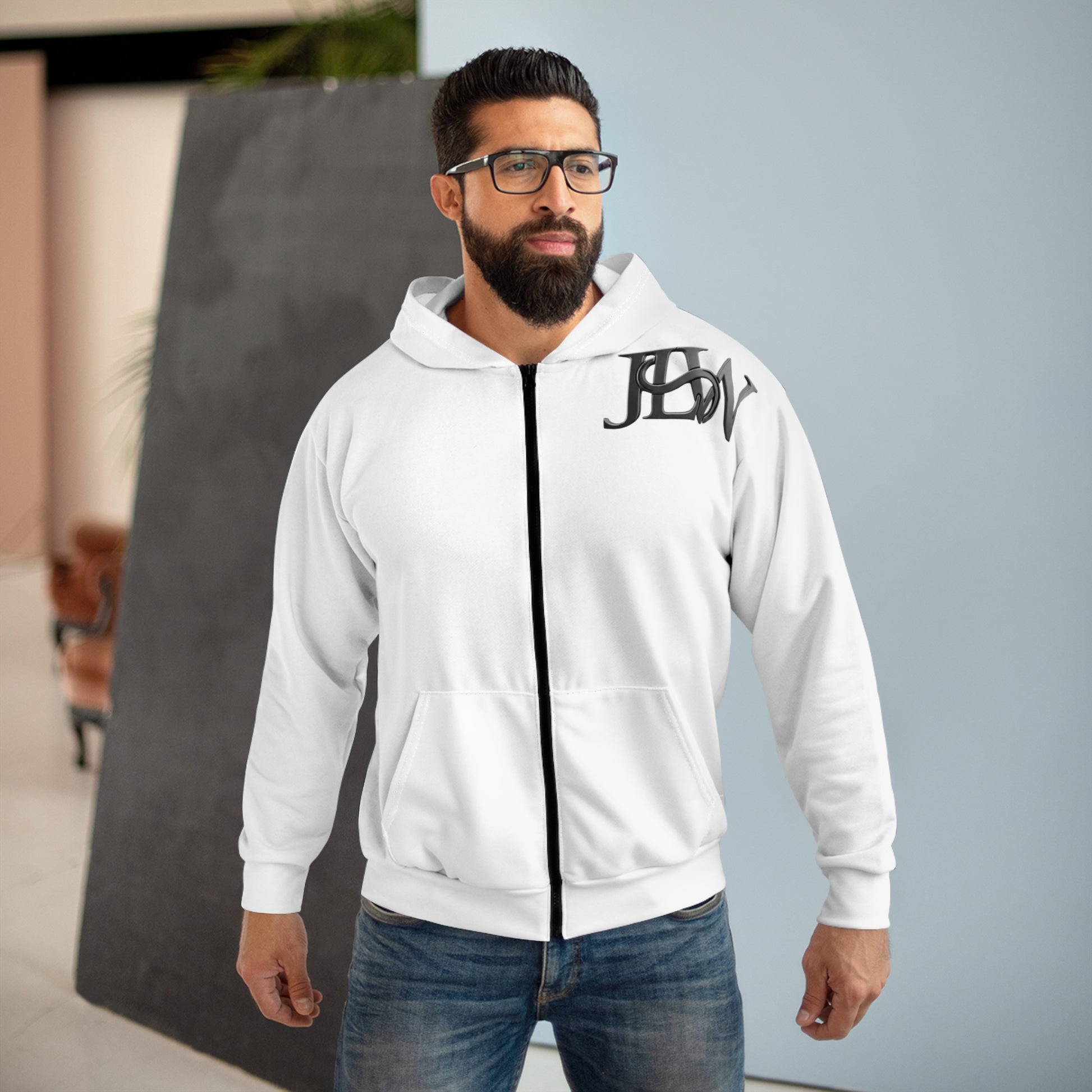 Unisex zip hoodie with all-over print design by Printify, featuring colorful abstract patterns on soft fabric.