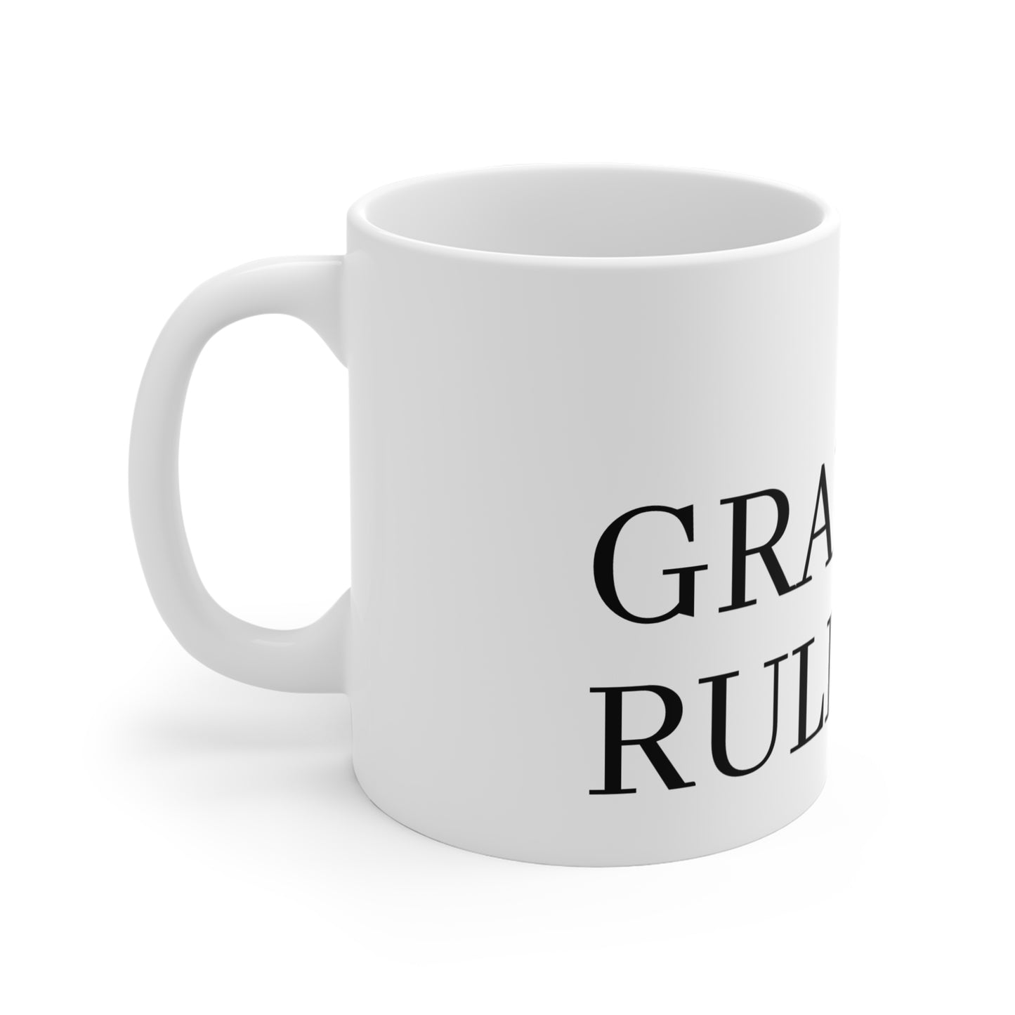 Printify 11oz ceramic mug featuring a sleek white design, perfect for coffee or tea, with a comfortable handle and smooth finish.