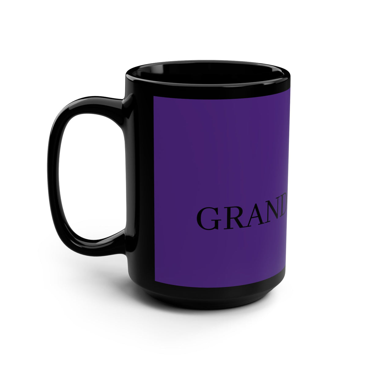 Black 15oz mug by Printify, featuring a smooth ceramic surface and a comfortable handle, ideal for hot beverages.