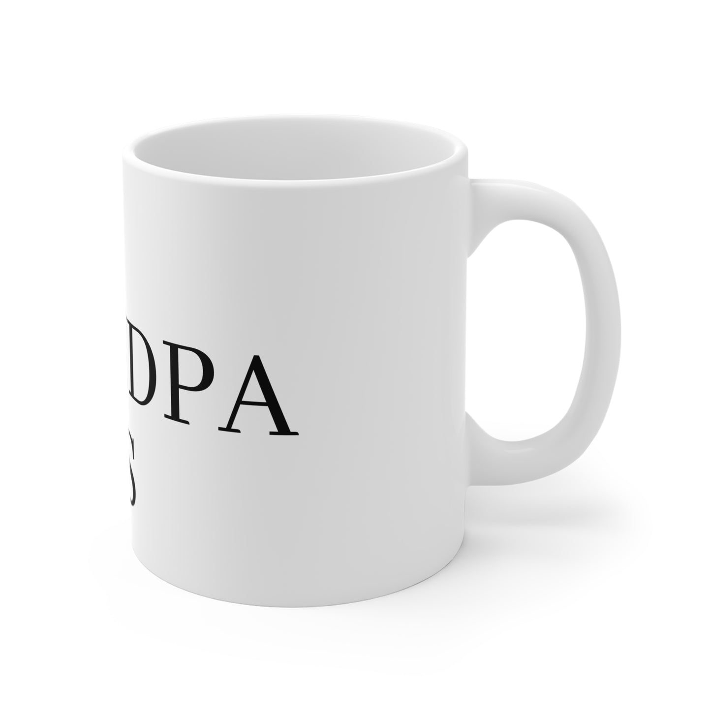 Printify 11oz ceramic mug with a white handle and colorful printed design on a white background.